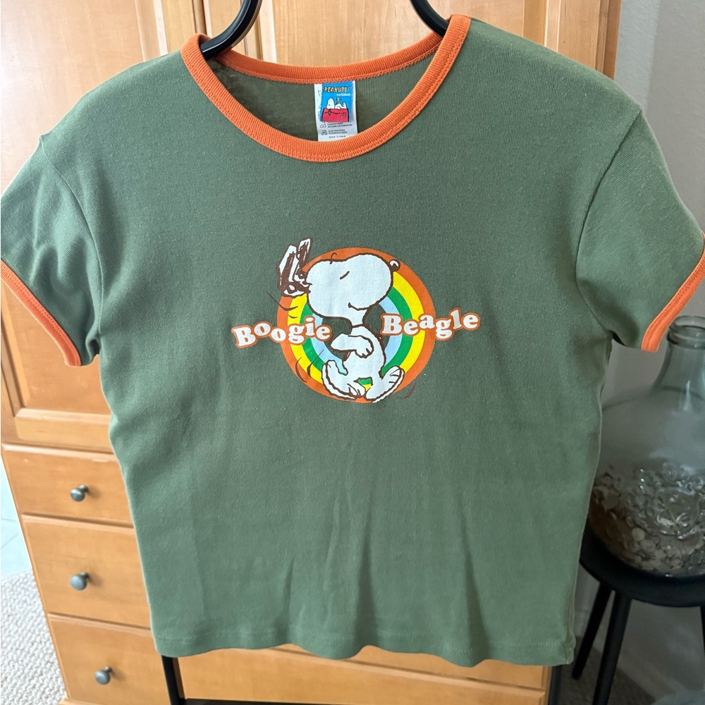 Vintage / Retro Peanuts Green Snoopy Boogie Beagle T-Shirt with Orange Trim